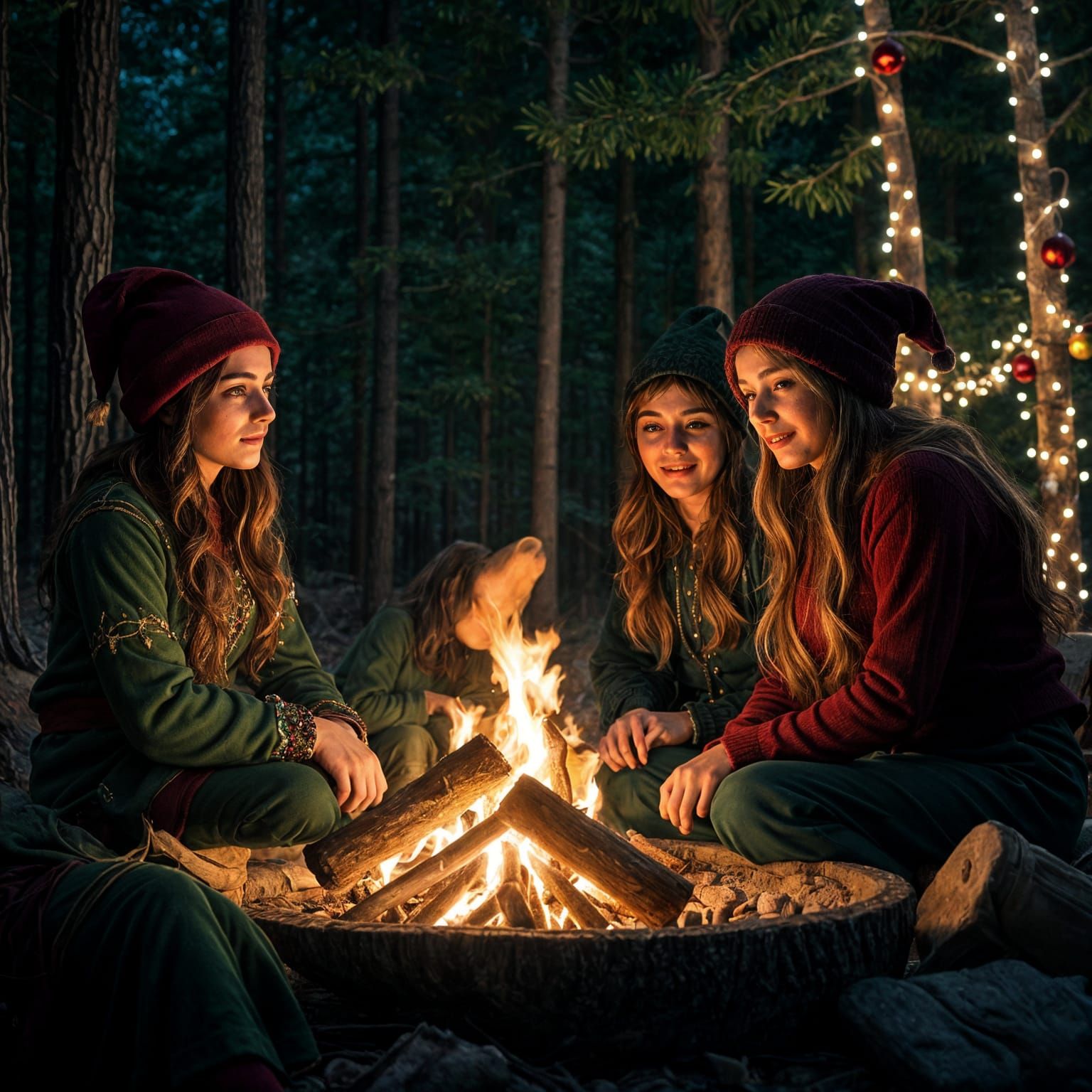 Hyperrealistic Scene of Christmas Elves Sipping Hot Cocoa by...