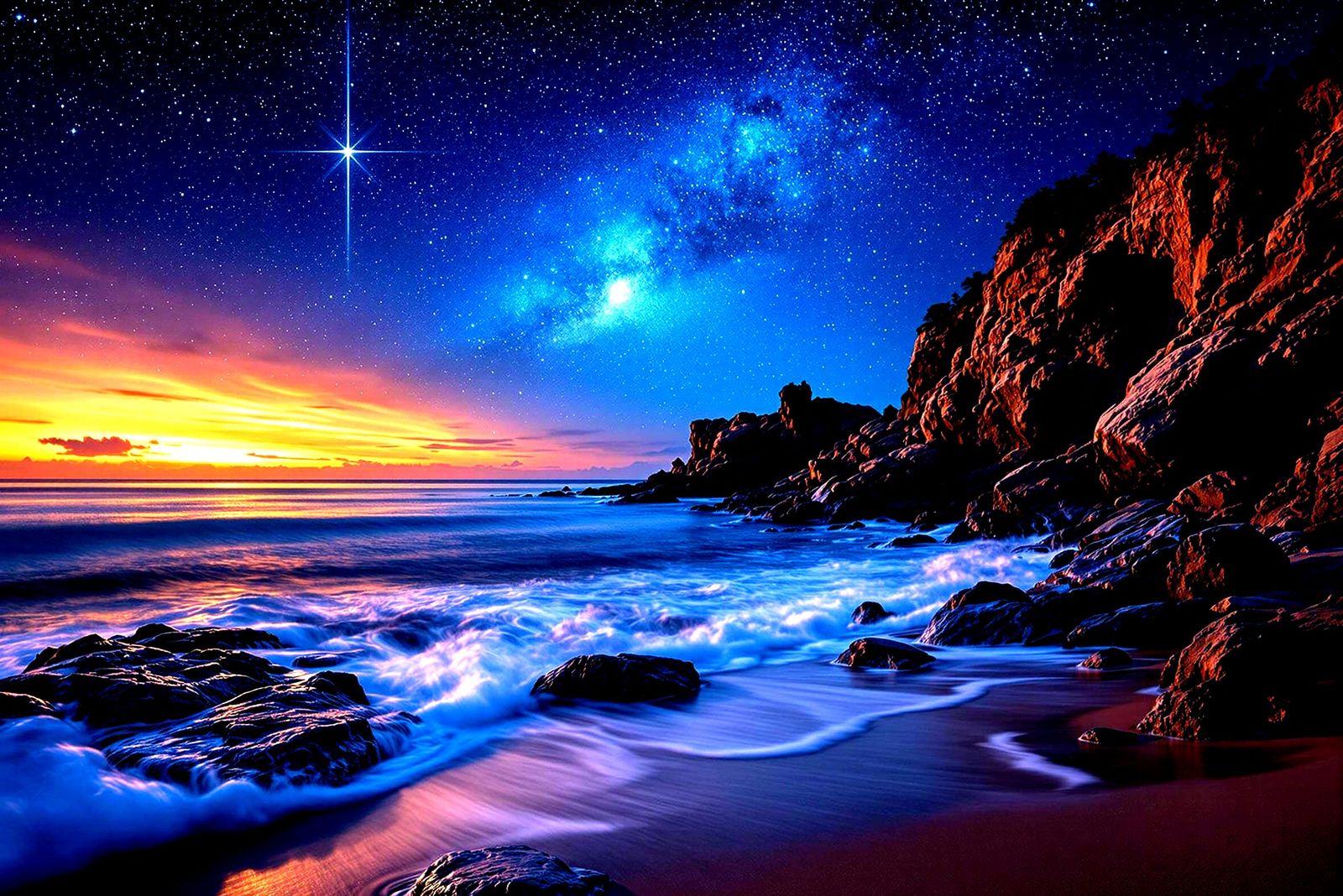 Stunning Panoramic Beach Under Starry Night Sky