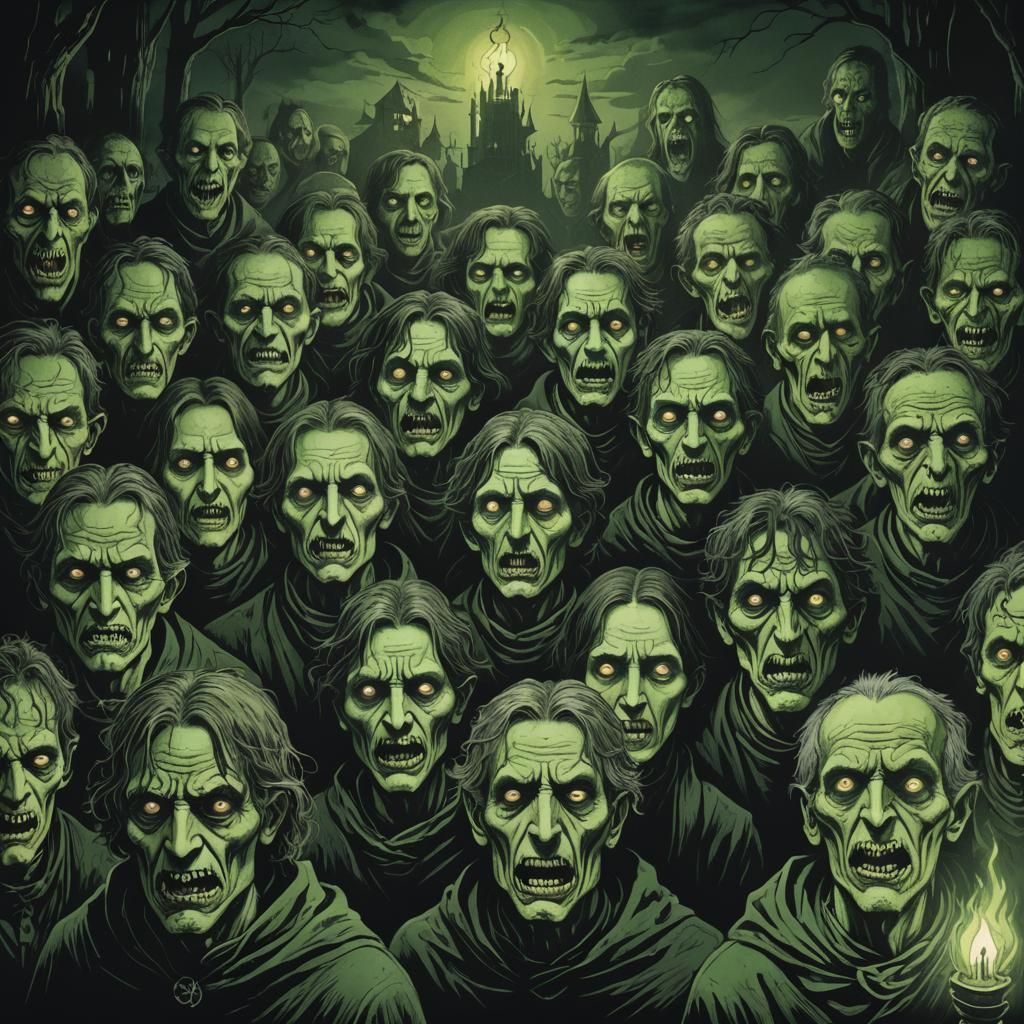 Grotesque Faces in a Gothic Horror Illustration