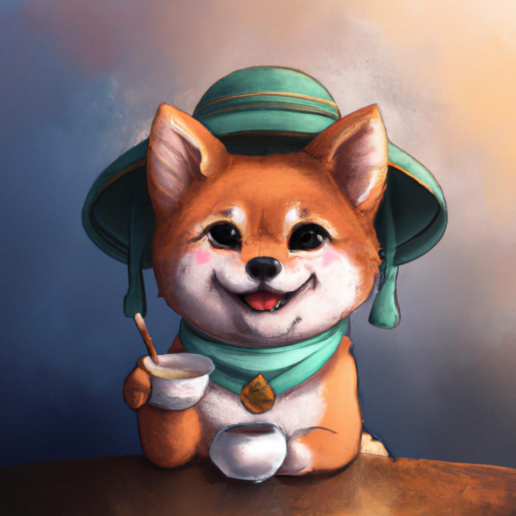 Chibi Shiba Inu Sipping Tea, Digital Illustration