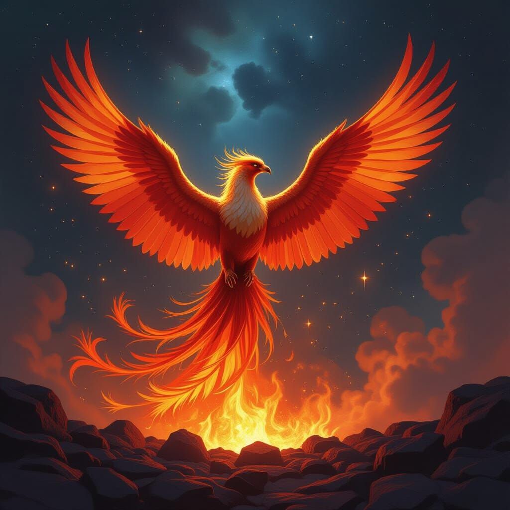 Majestic Phoenix Rises from Embers in Cosmic Nebula