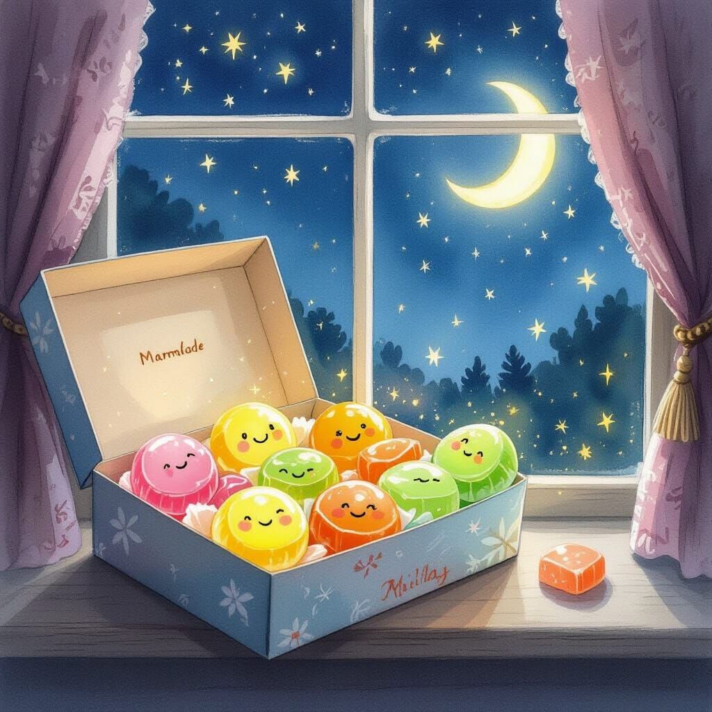 Whimsical Watercolor Illustration of Glowing Marmalade Candi...