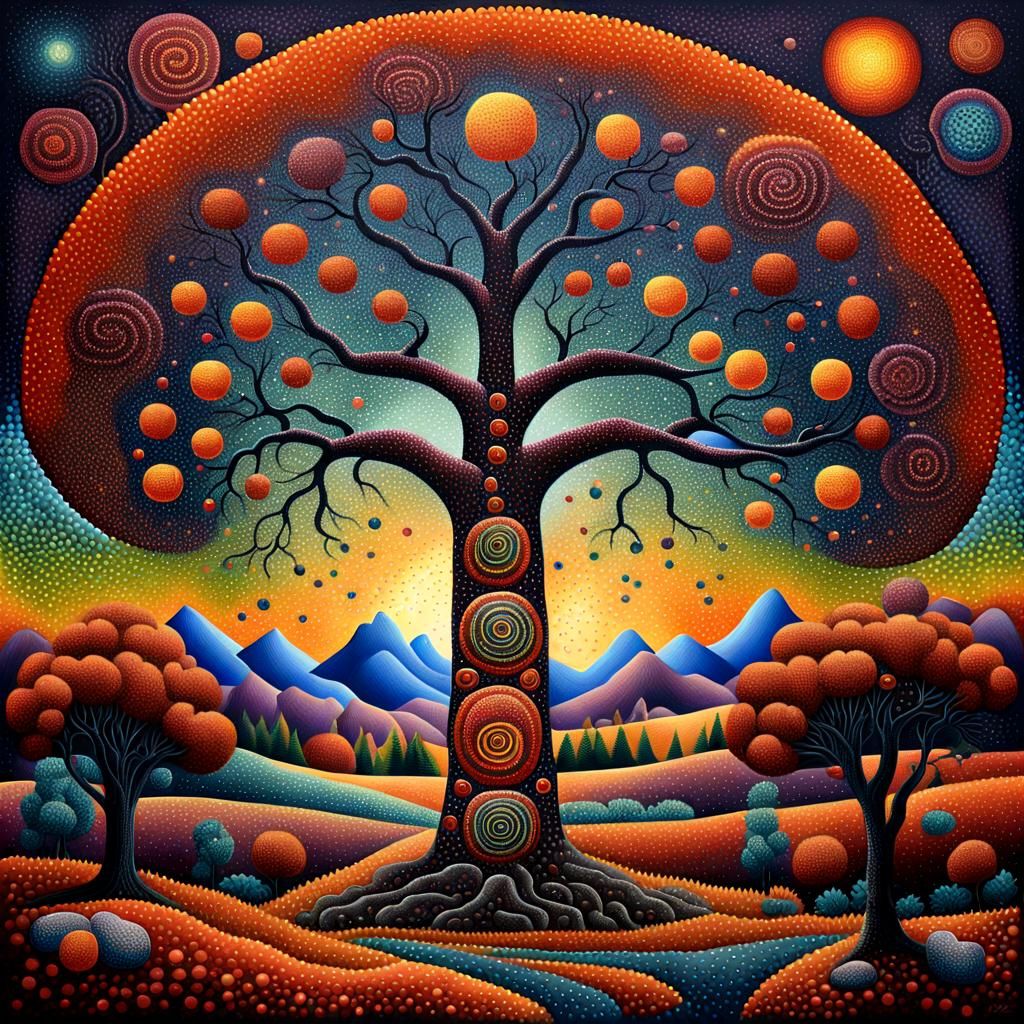 Aboriginal Dreaming Landscape in Pointillism Style