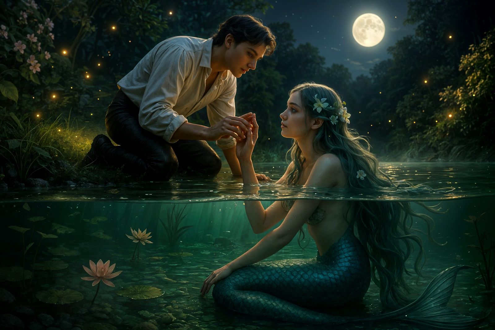Enchanting Mermaid and Prince Meet at Emerald Lake