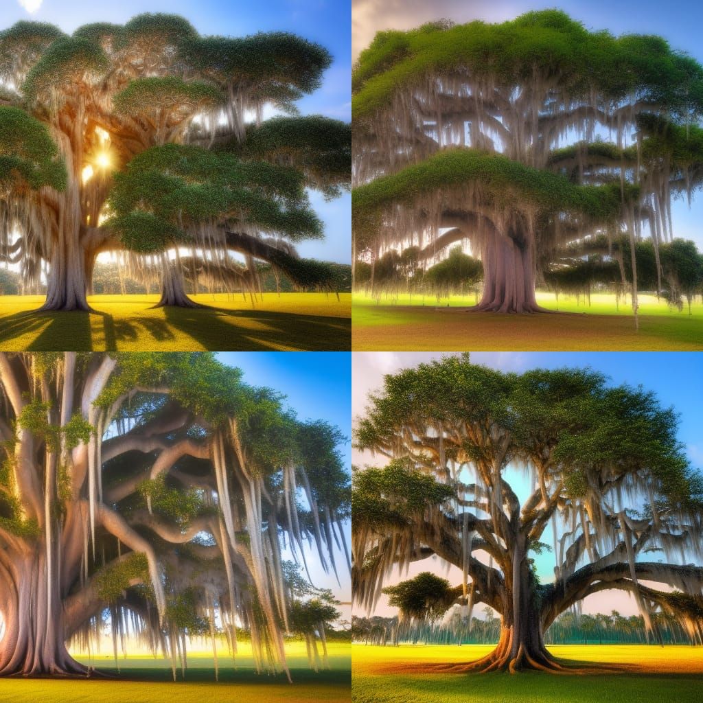 Banyan Tree with Spanish Moss in Meadow