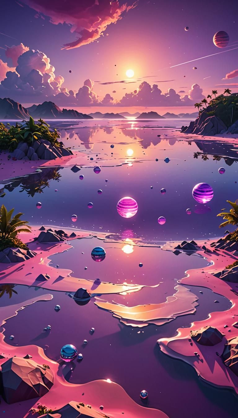 Tropical Beach Scene with Alien Planets in Low-Poly Style