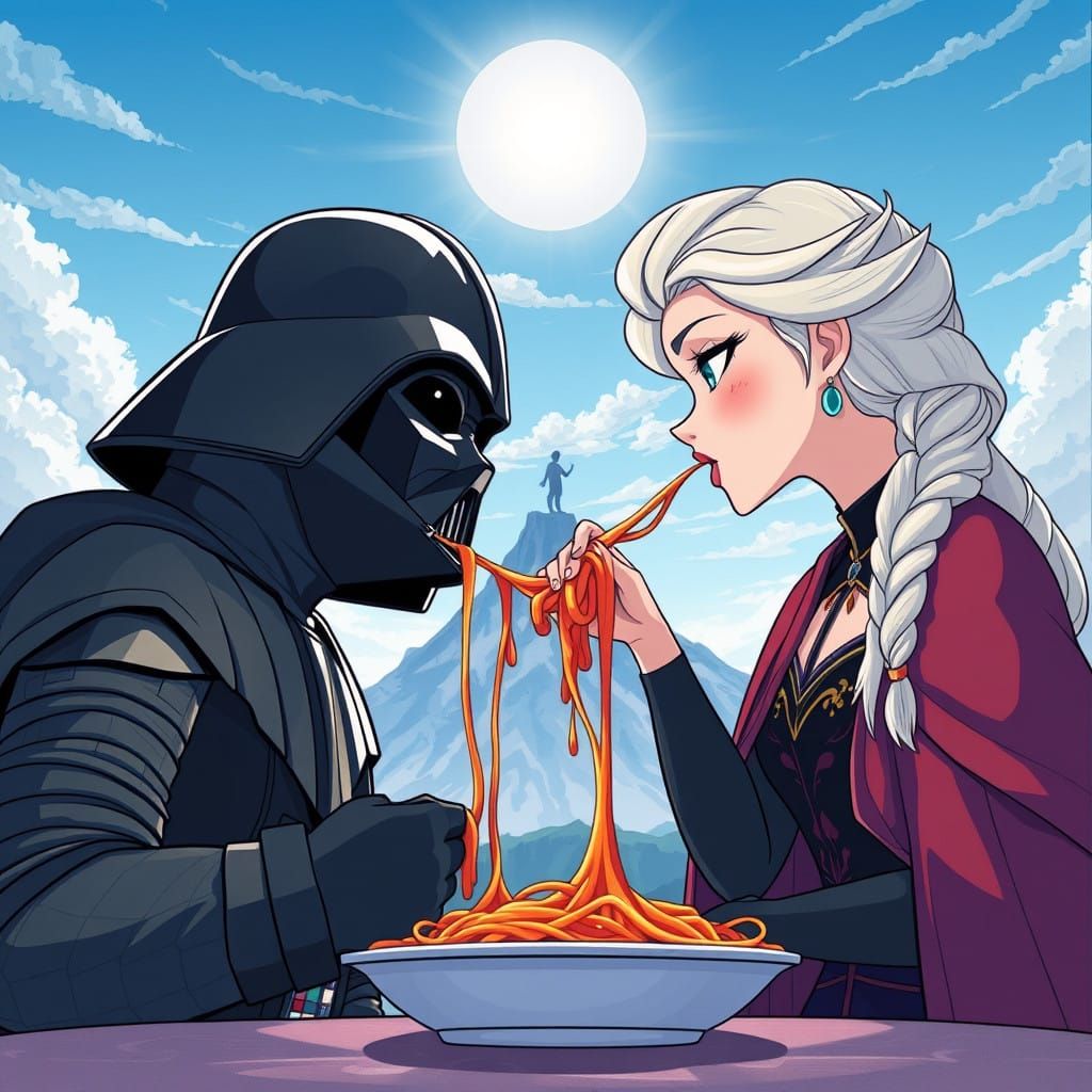 An Anime-Style Panorama of Darth Vader and Princess Elsa Sha...