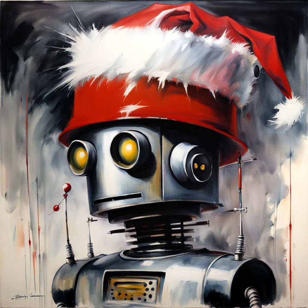Robot in Santa Hat as Impasto Painting