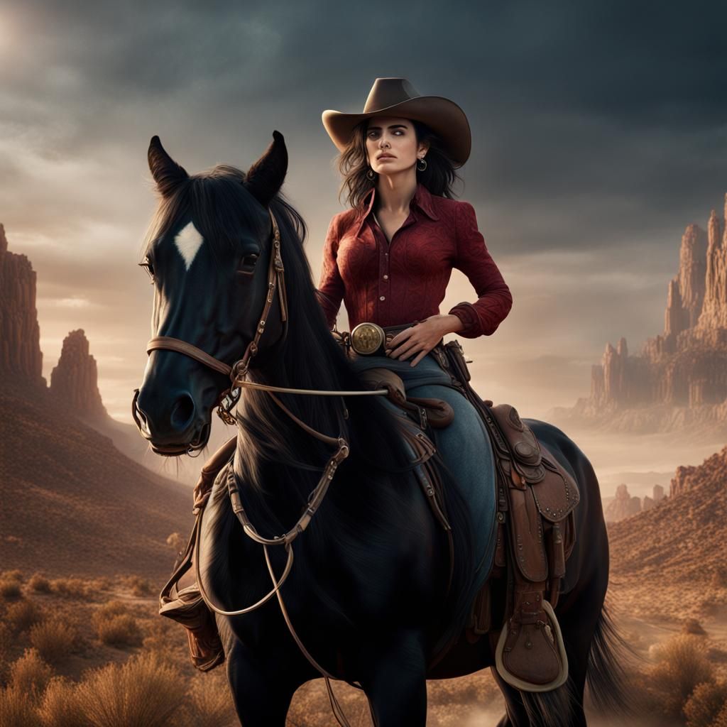 Penelope Cruz as Cowgirl on Black Horse