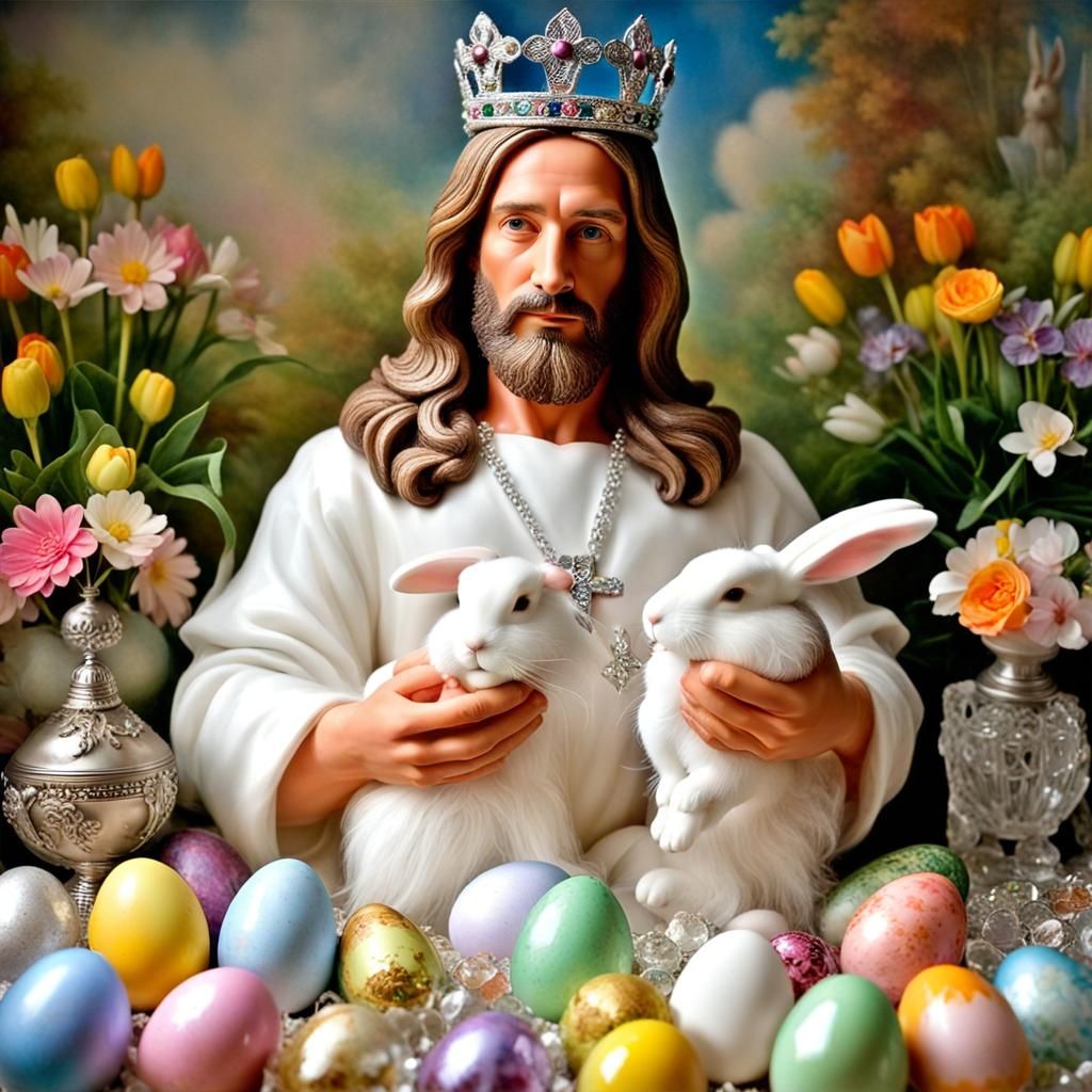 Hyperreal Jesus Christ with Bunny and Easter Eggs