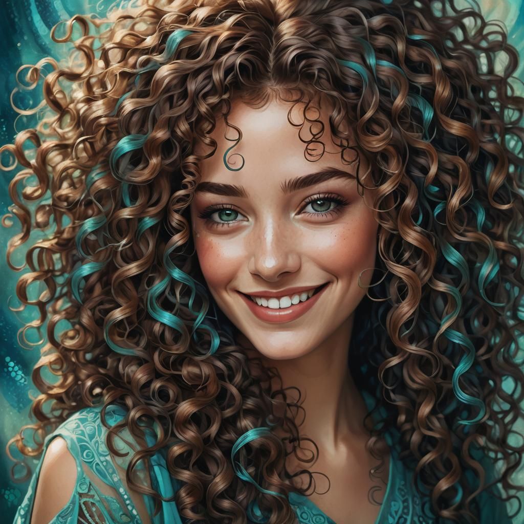 Whimsical Portrait of Smiling Woman with Curly Hair