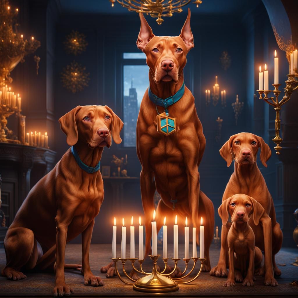 Vizsla Family Celebrates Hanukkah: Matte Painting