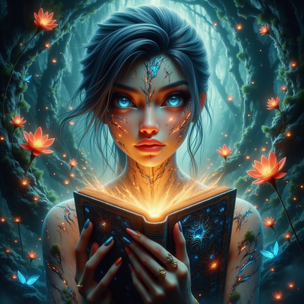 Whimsical Young Adult Surrounded by Nature and Uplifting Boo...