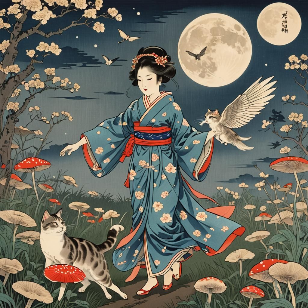 Japanese Woodblock Print: Woman with Wings Flies Over Mushro...