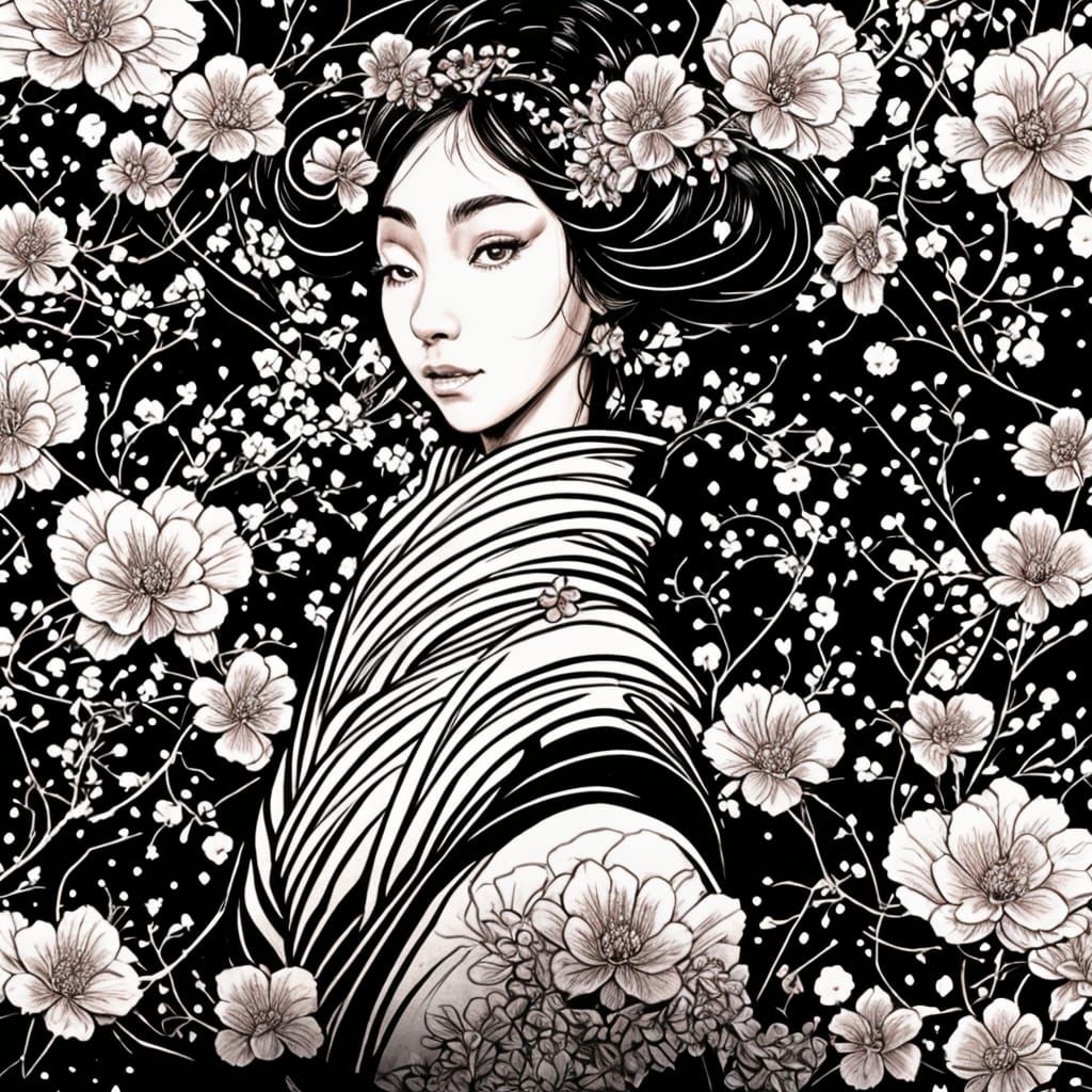Charming Geisha Portrait in Coloring Book Style