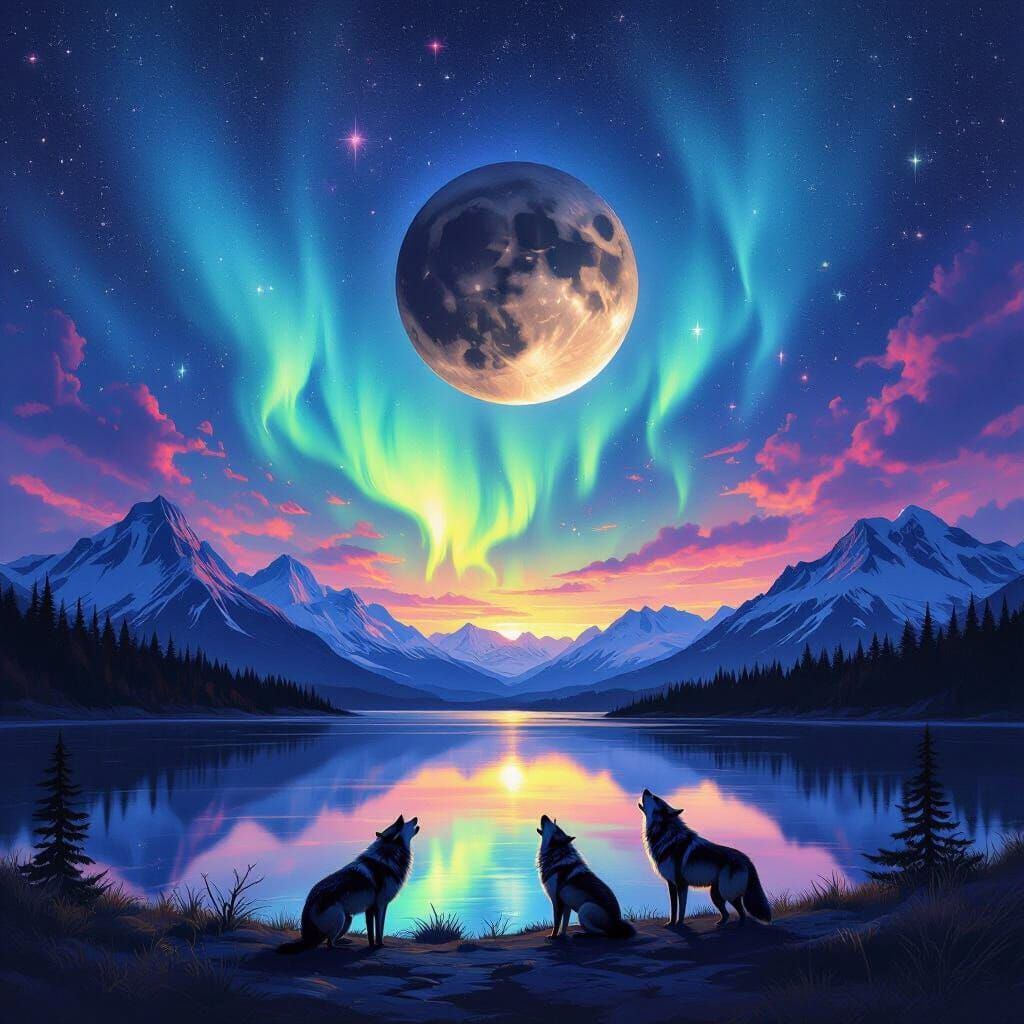 Northern Lights Over Wolf Mountain Lake in Fantasy Art Style