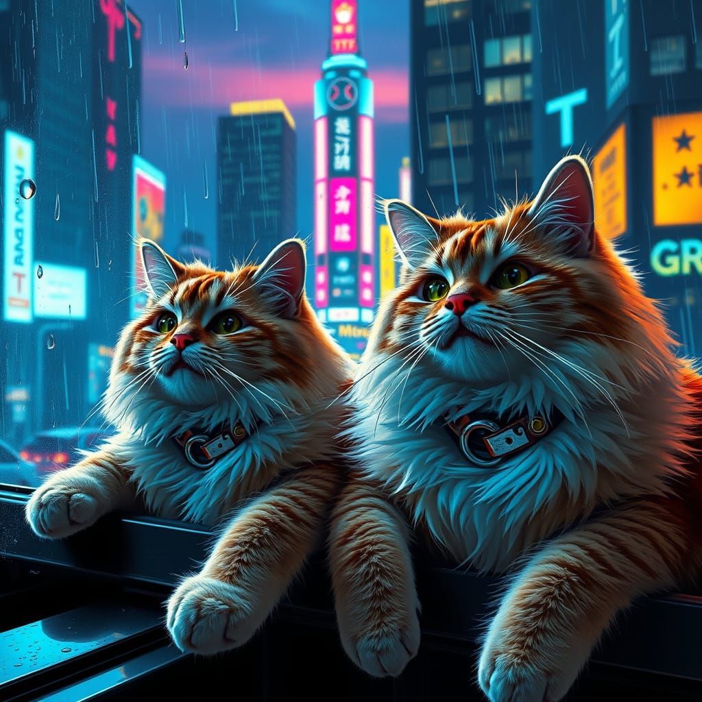 Fluffy Cats Stretch at Dawn Window in Cyberpunk City