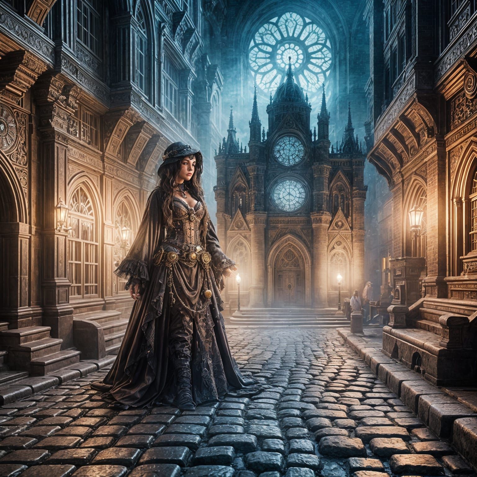 Steampunk Lady Amidst Gothic City Streets