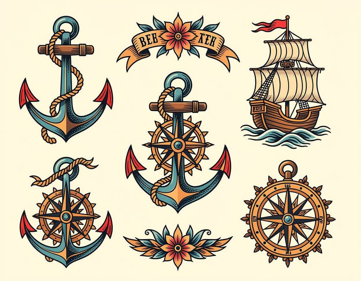 Nautical Tattoo Flash Sheet in Traditional Style