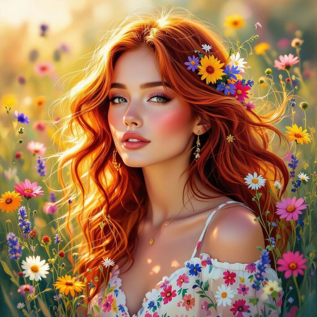 Dreamlike Portrait of Woman with Sun-Kissed Hair and Wildflo...