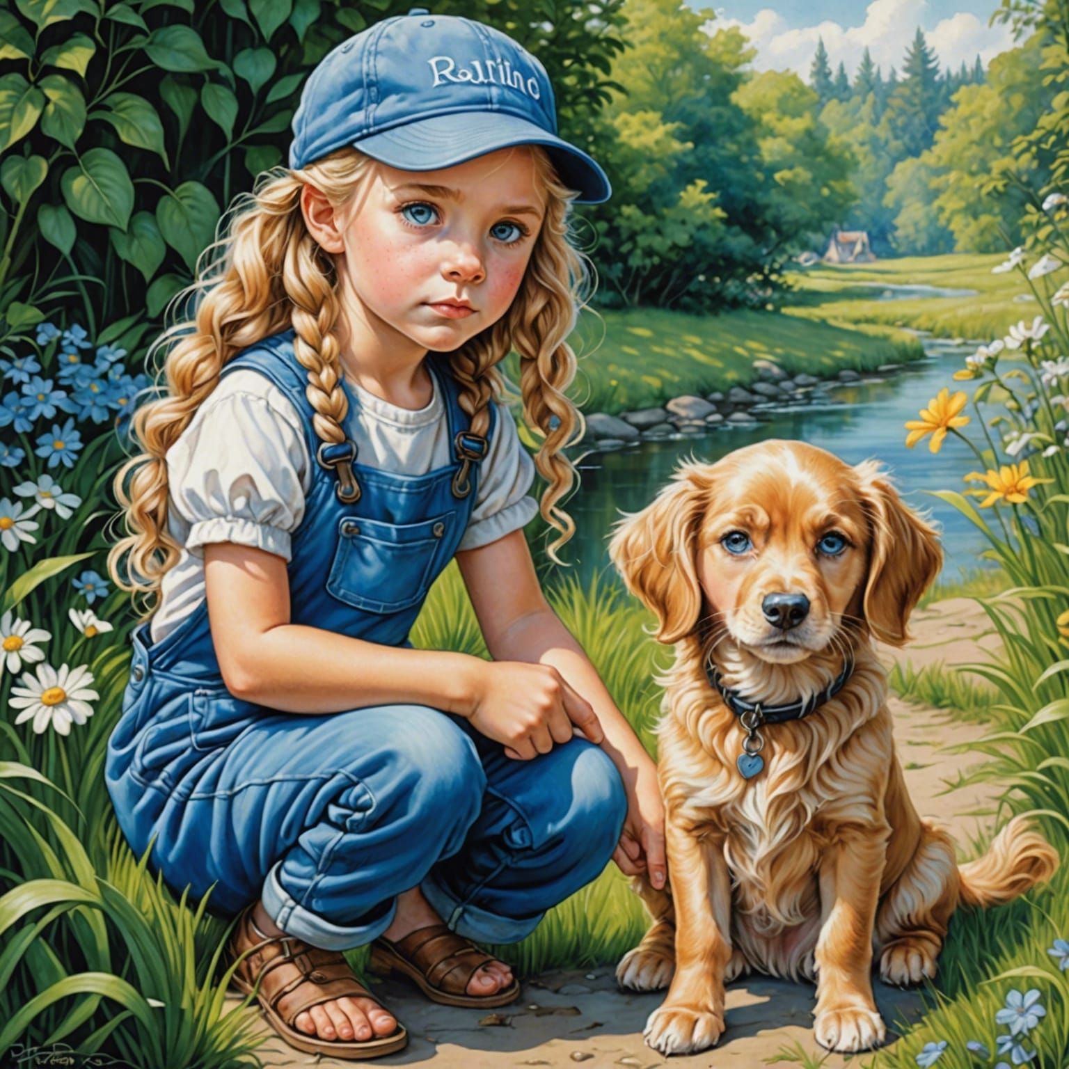 Girl with Dog in Summer: Fantasy Cartoon Art