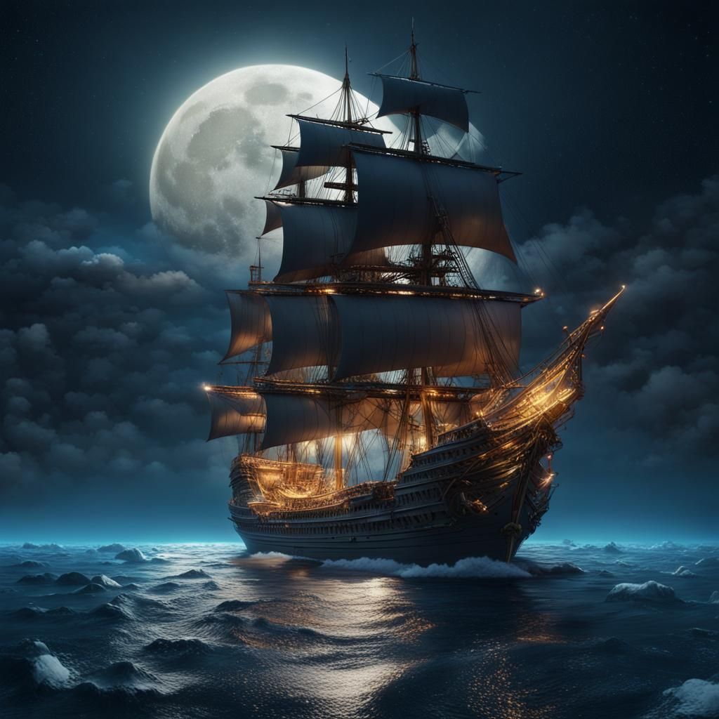 Dramatic Ship on Crystal Ocean at Night