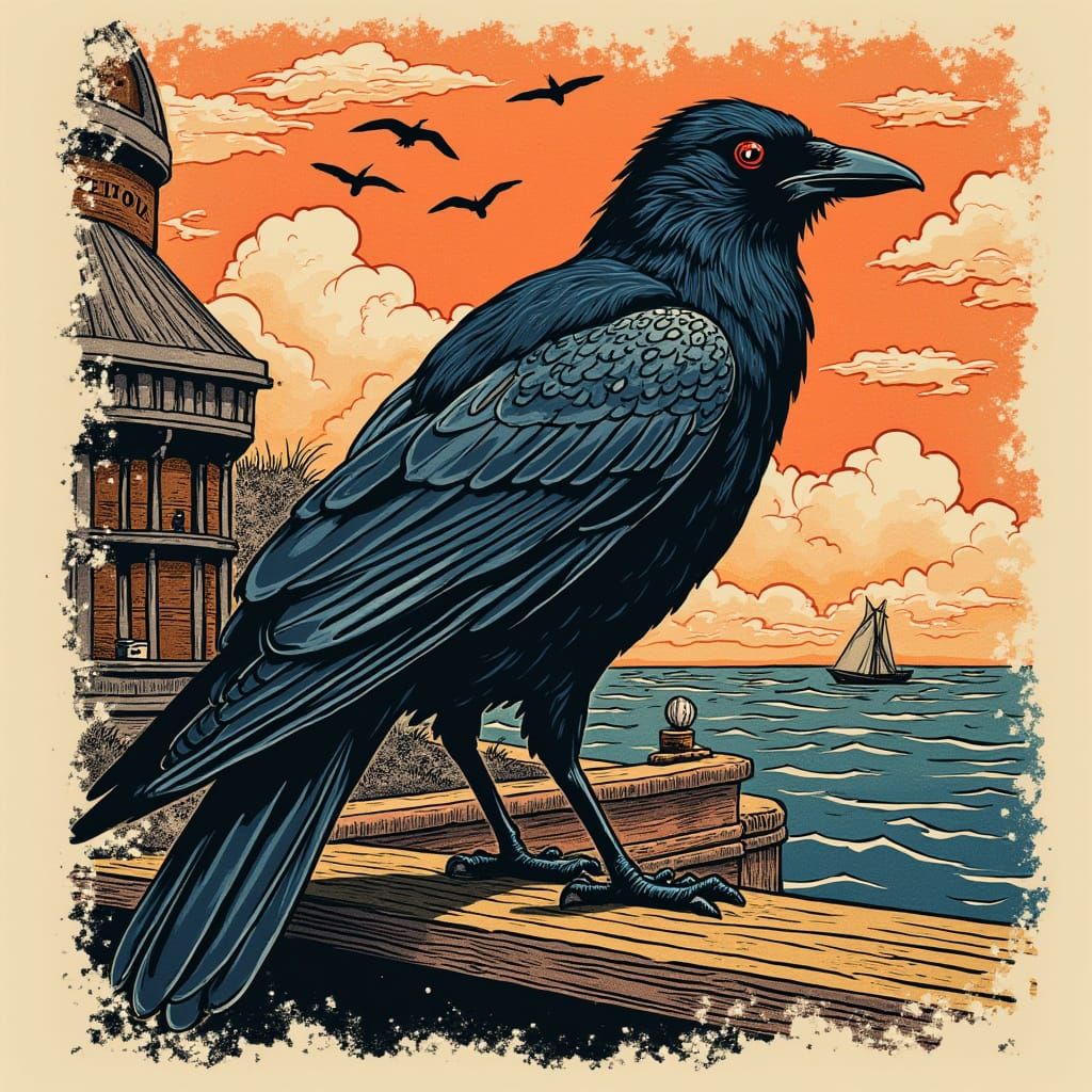 Vintage-Style Woodcut Crow Perched on a Printing Press