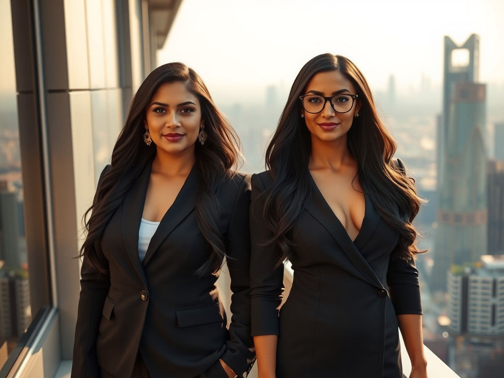 Indian Businesswomen on Skyscraper Terrace in Cinematic Styl...