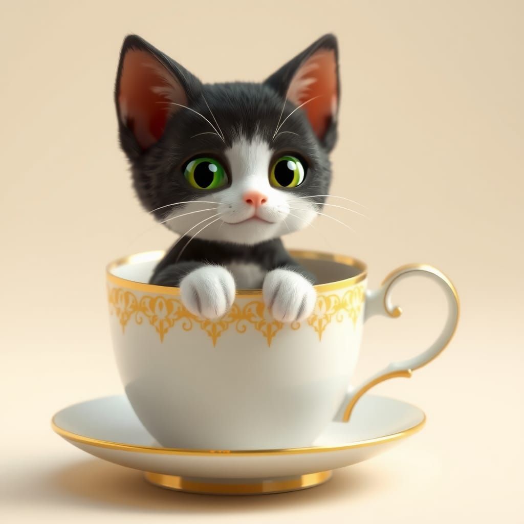 Whimsical 3D Teacup Cat in Pixar Style