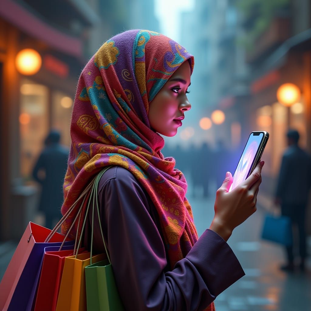 Woman in Hijab with Shopping Bags, Matte Painting