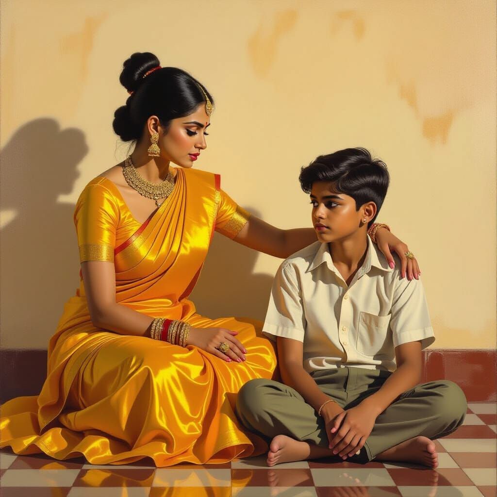 Indian Woman Admonishing Boy in Golden Hour Oil Painting