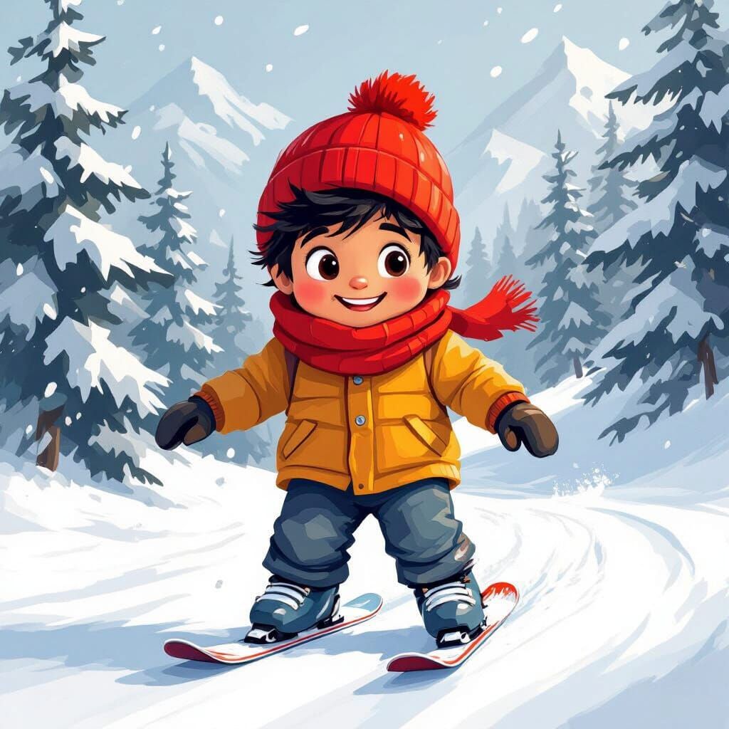 Chubby Indian Boy Skating on Ice Mountain