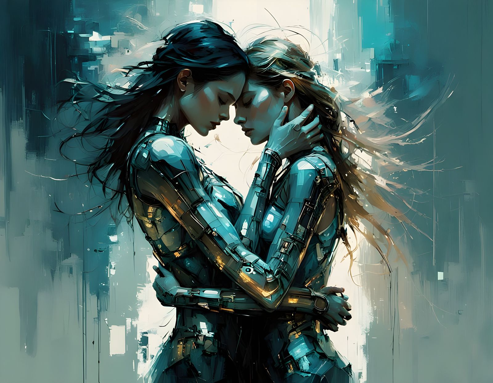 Android and Woman in Embracing Pose in Vibrant Digital Art