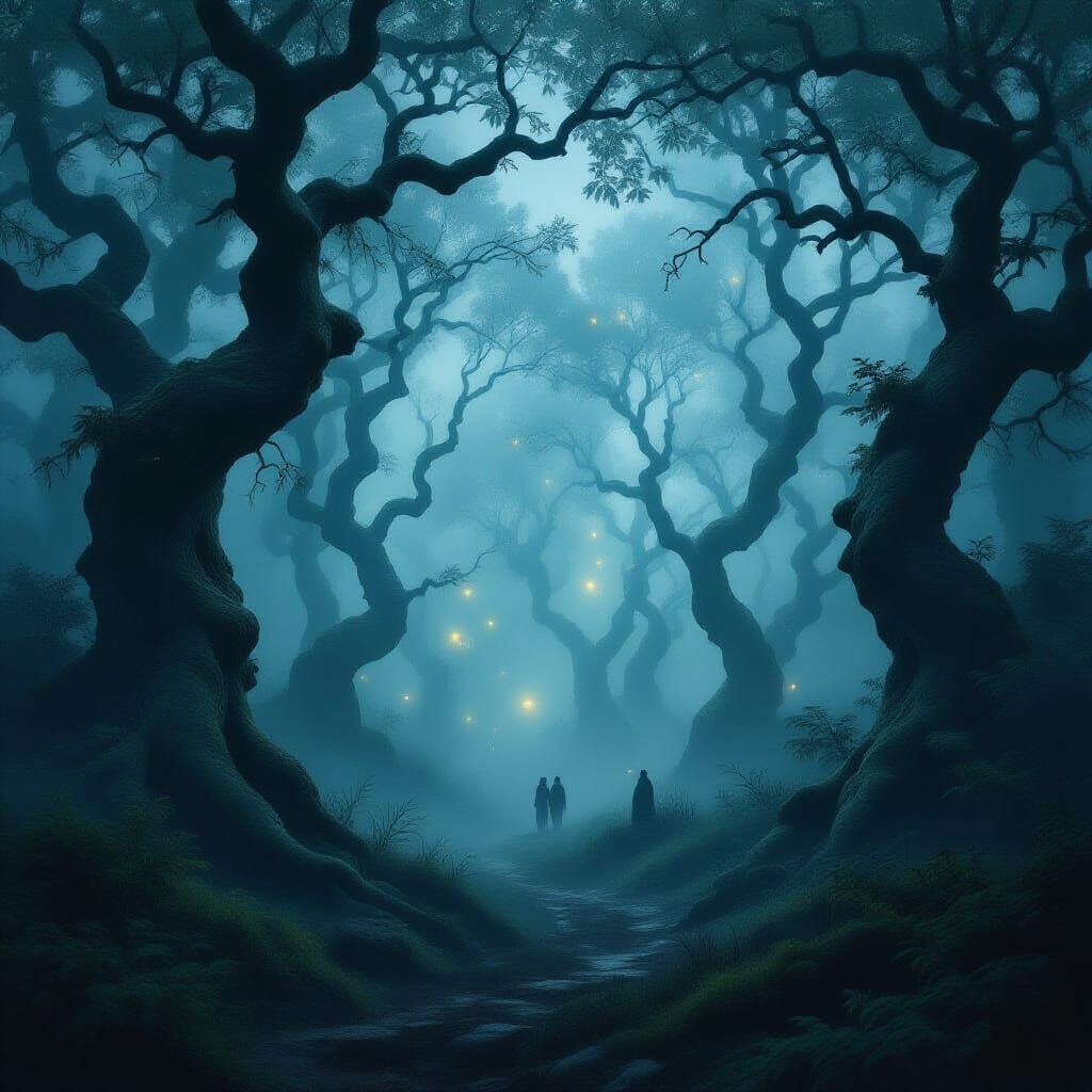 Mystical Foggy Forest with Ancient Trees and Ethereal Lights