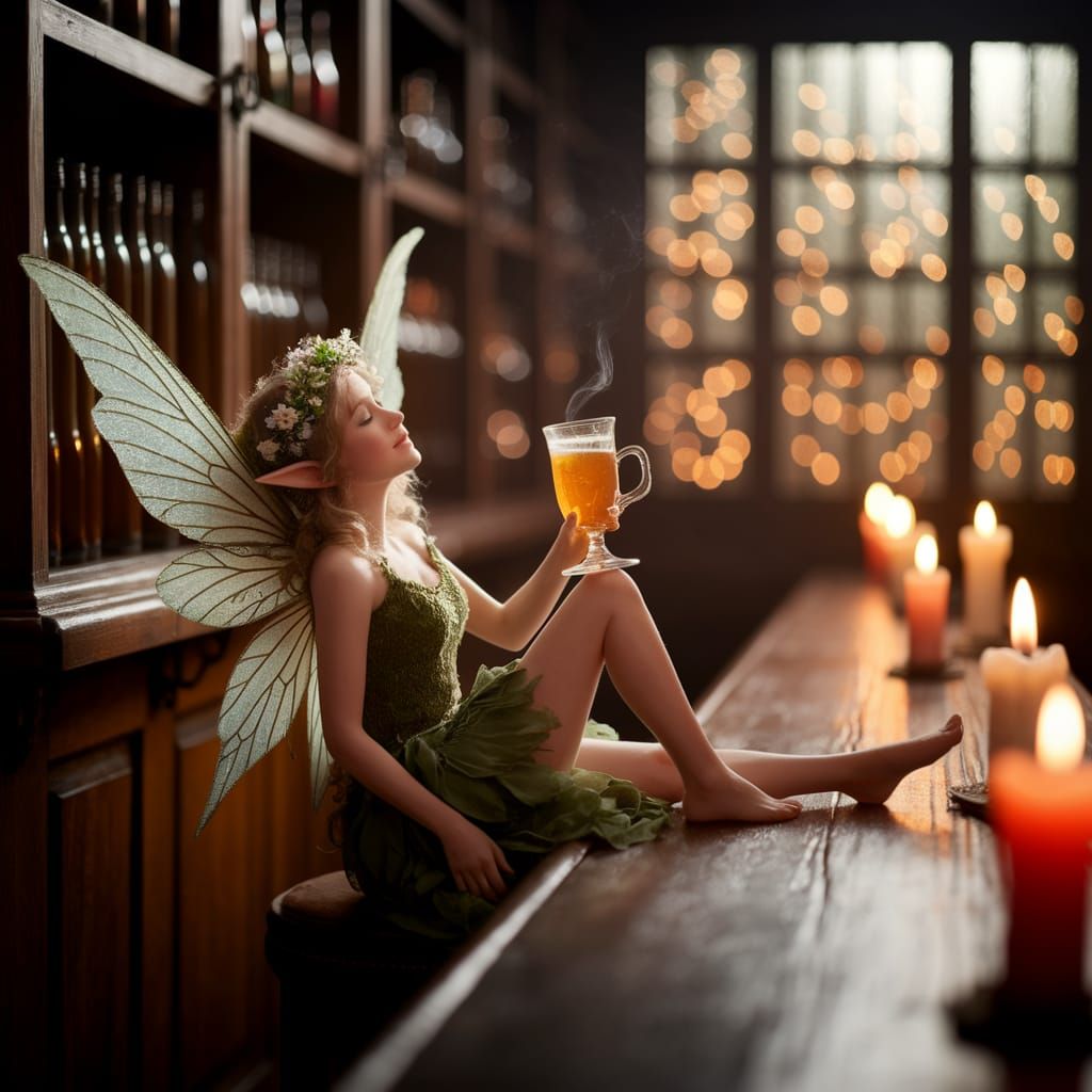 Drunken Fairy Slumped at a Cozy Pub Bar