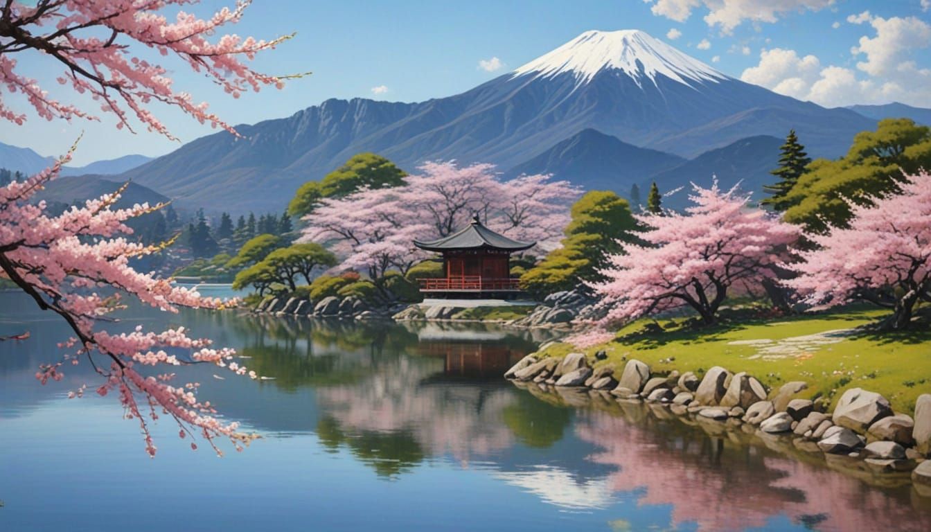 Sakura Tree in Serene Japanese Landscape