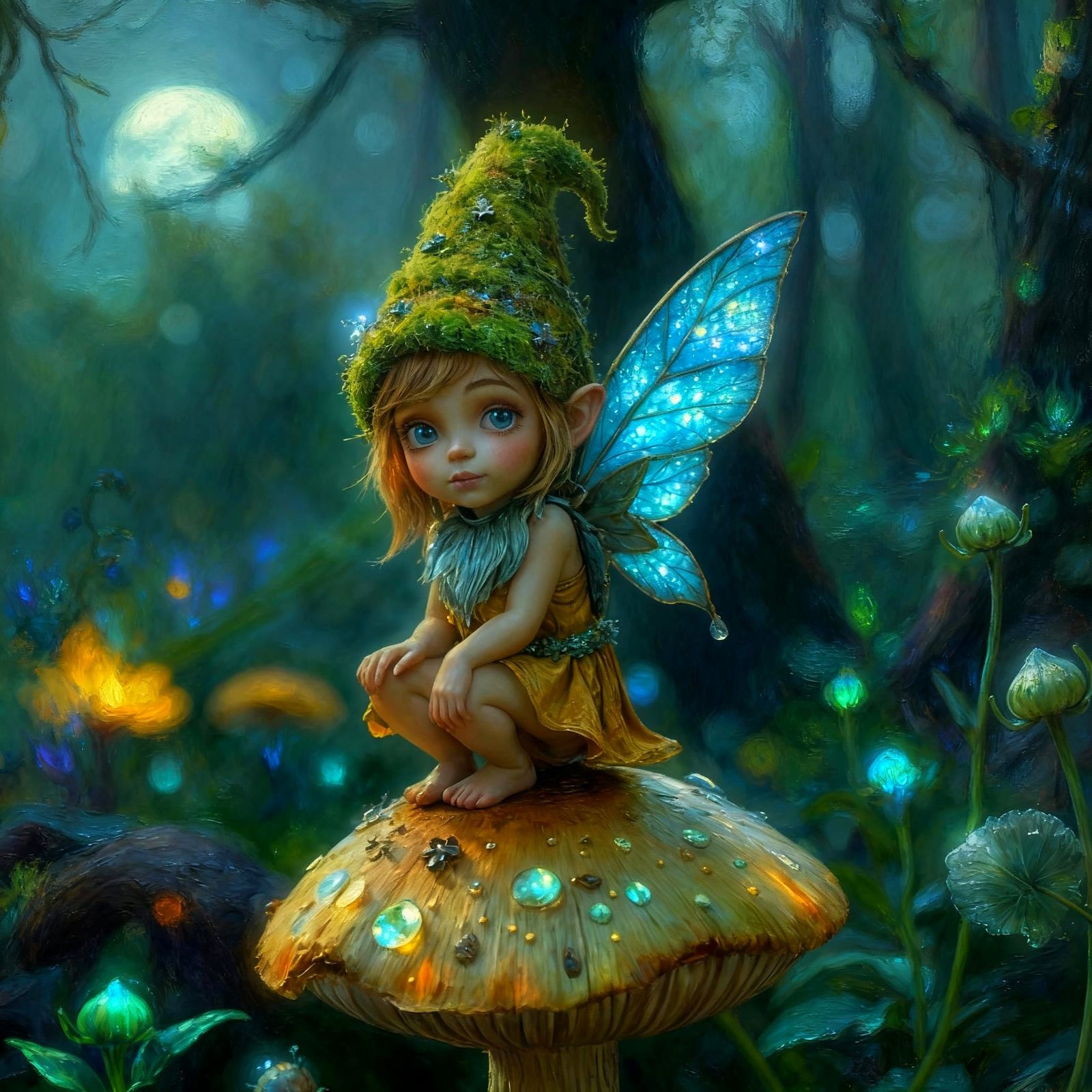 Whimsical Gnome Fairy on Mushroom in Moonlit Forest