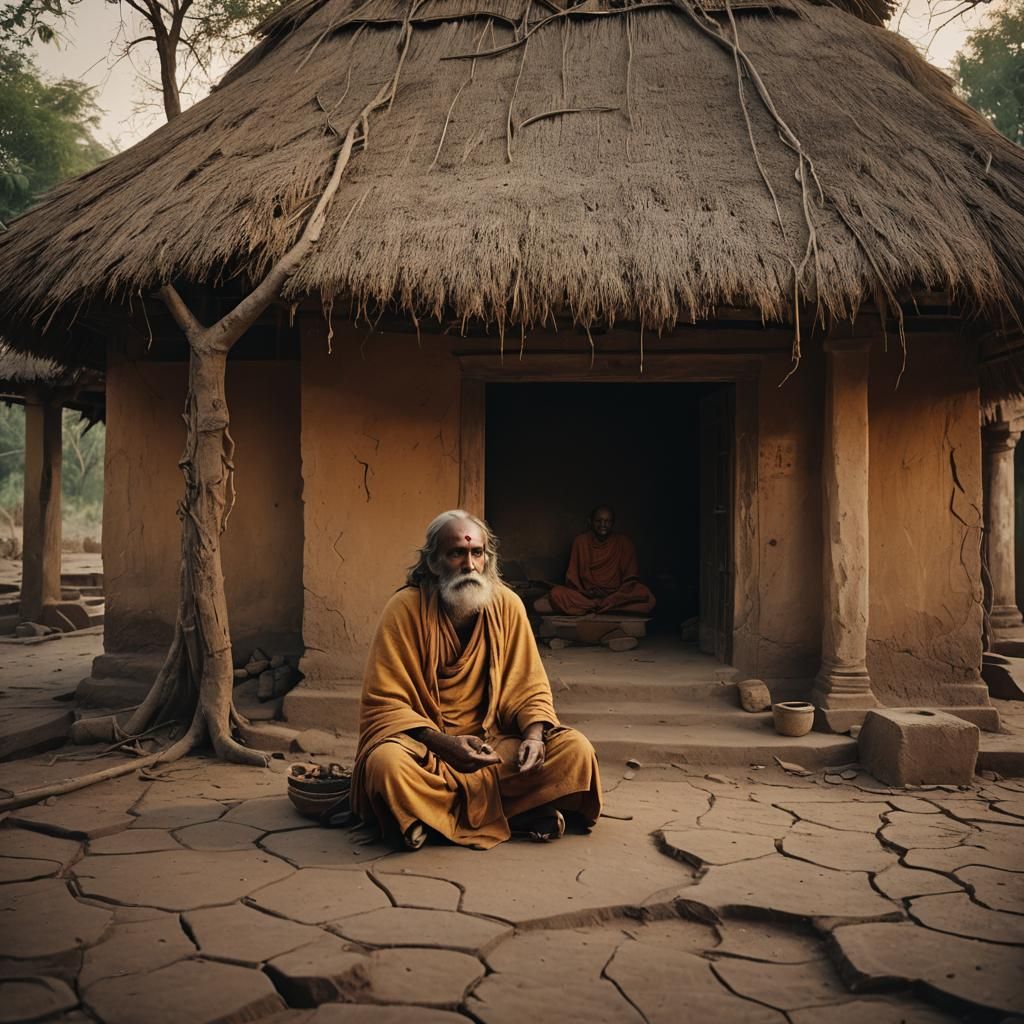 Sadhu in Abandoned Hermitage: Cinematic Film Still