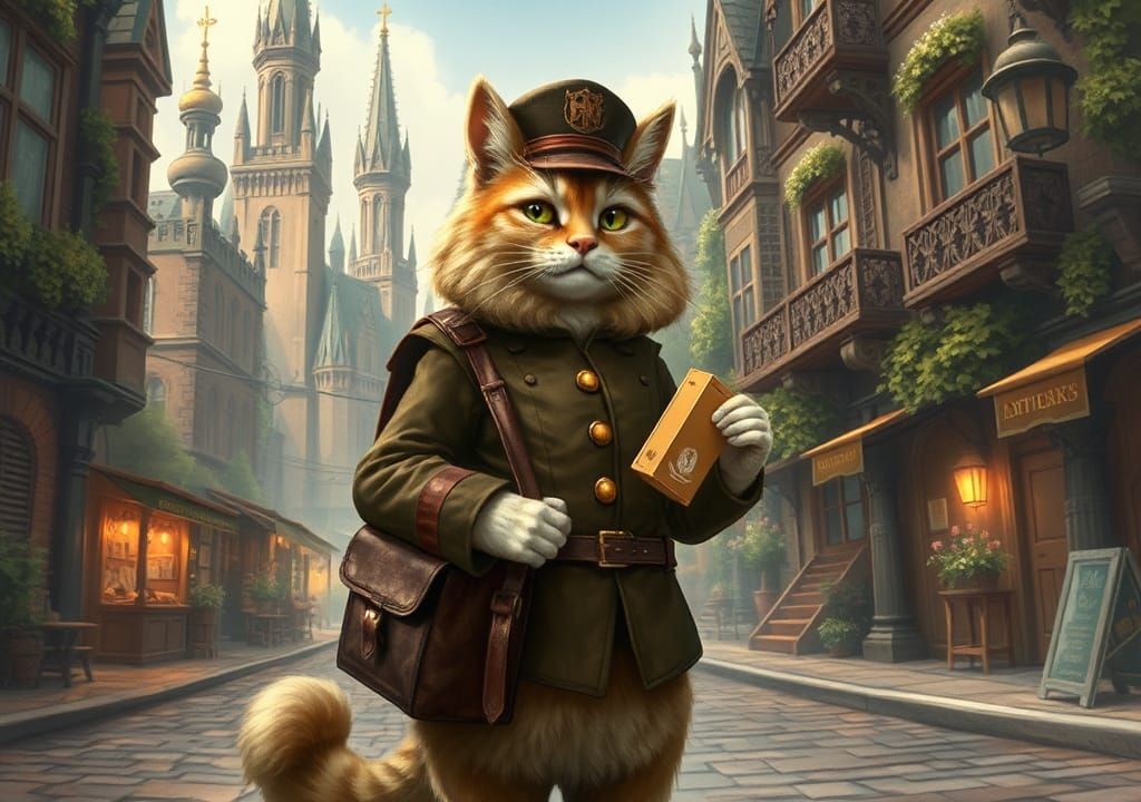 Fantasy Cat Mailman in Mystical Fairytale City