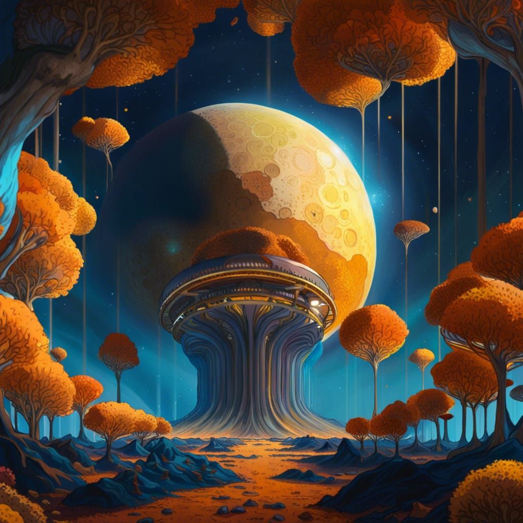 Mushroom Forest on Titan with Saturn, Neo-Impressionist