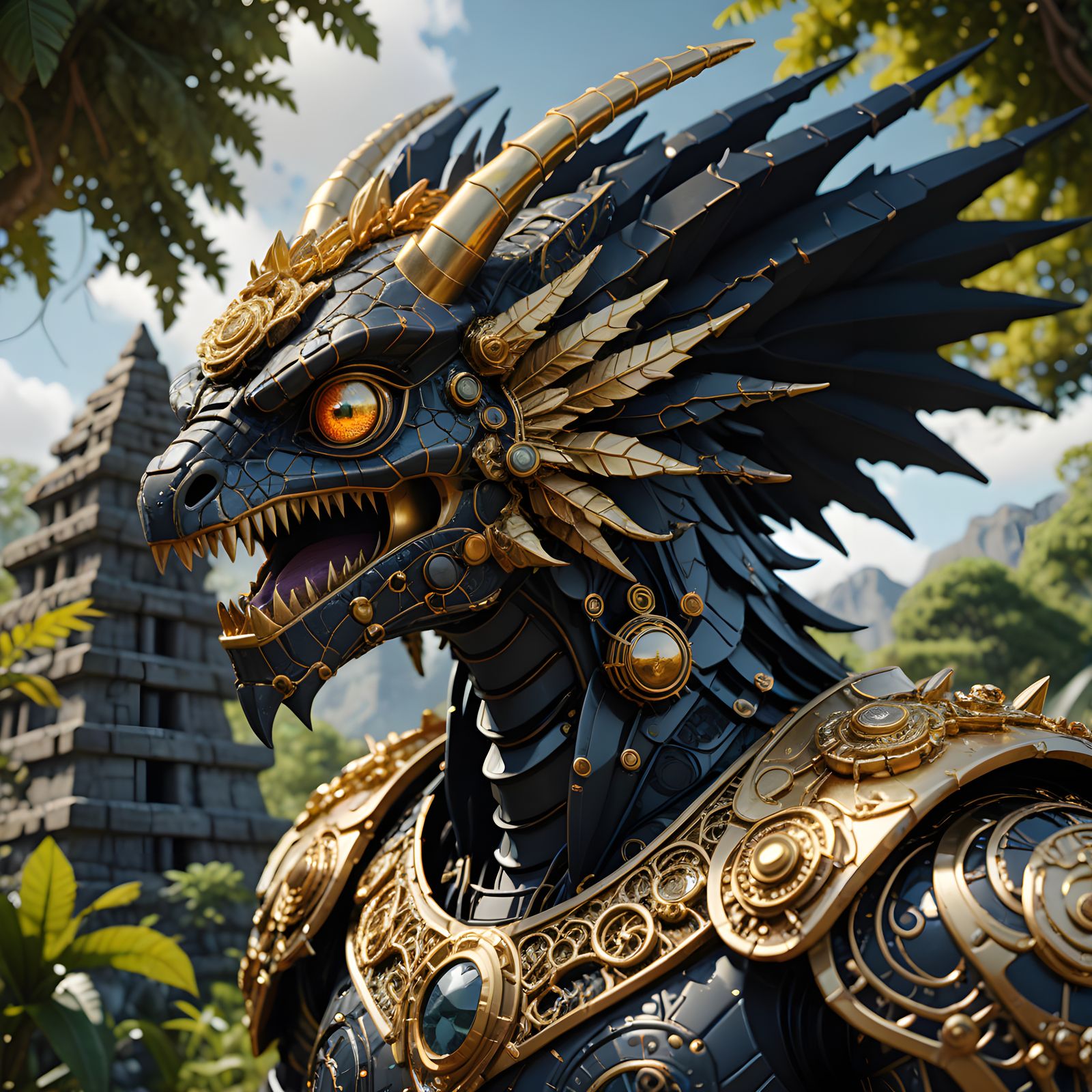 Steampunk Robot Dragon in Ancient Jungle Ruins