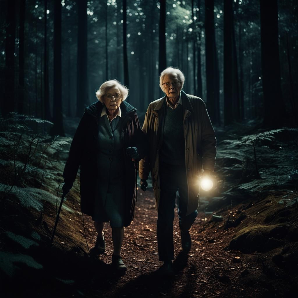 Elderly Couple in Dark Forest: Film Noir Aesthetic