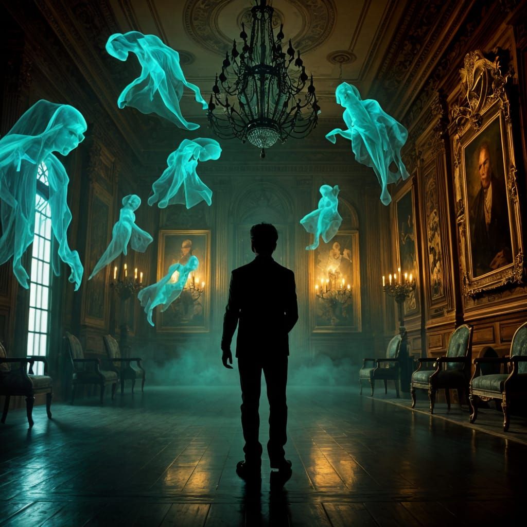 Ethereal Hall of Whispers in a Haunting Blue-Green Glow