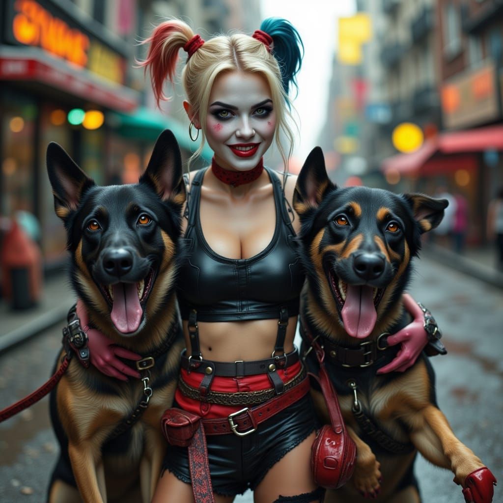 Harley Quinn with Two Wild Hellhounds on Leash