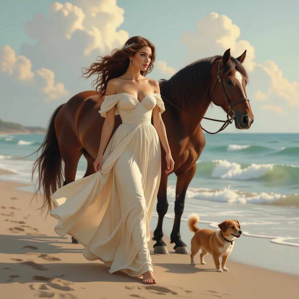 Woman, Horse and Dog on Shoreline in Romantic Style