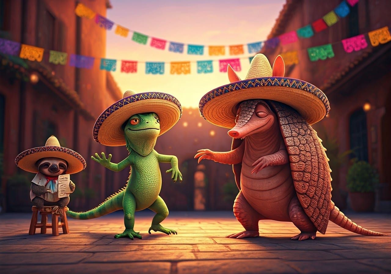 Festive Armadillo and Iguana Dance-Off in Pixar Style