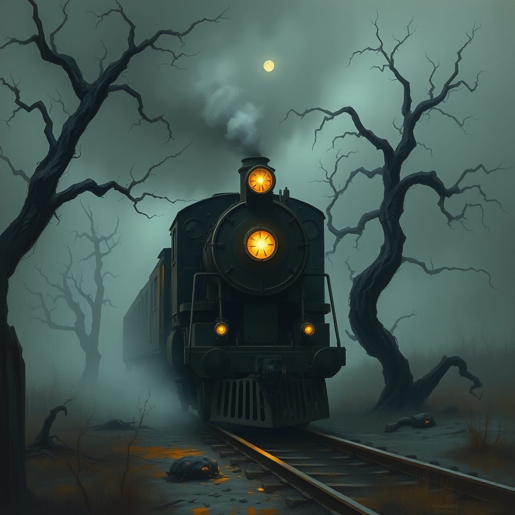 Mysterious Vintage Locomotive Unveils Dark, Misty Landscape