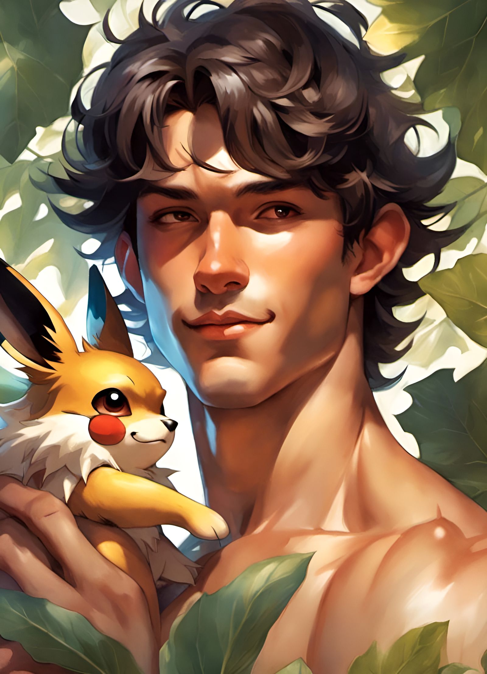Man with Eevee in Fig Leaf Paradise