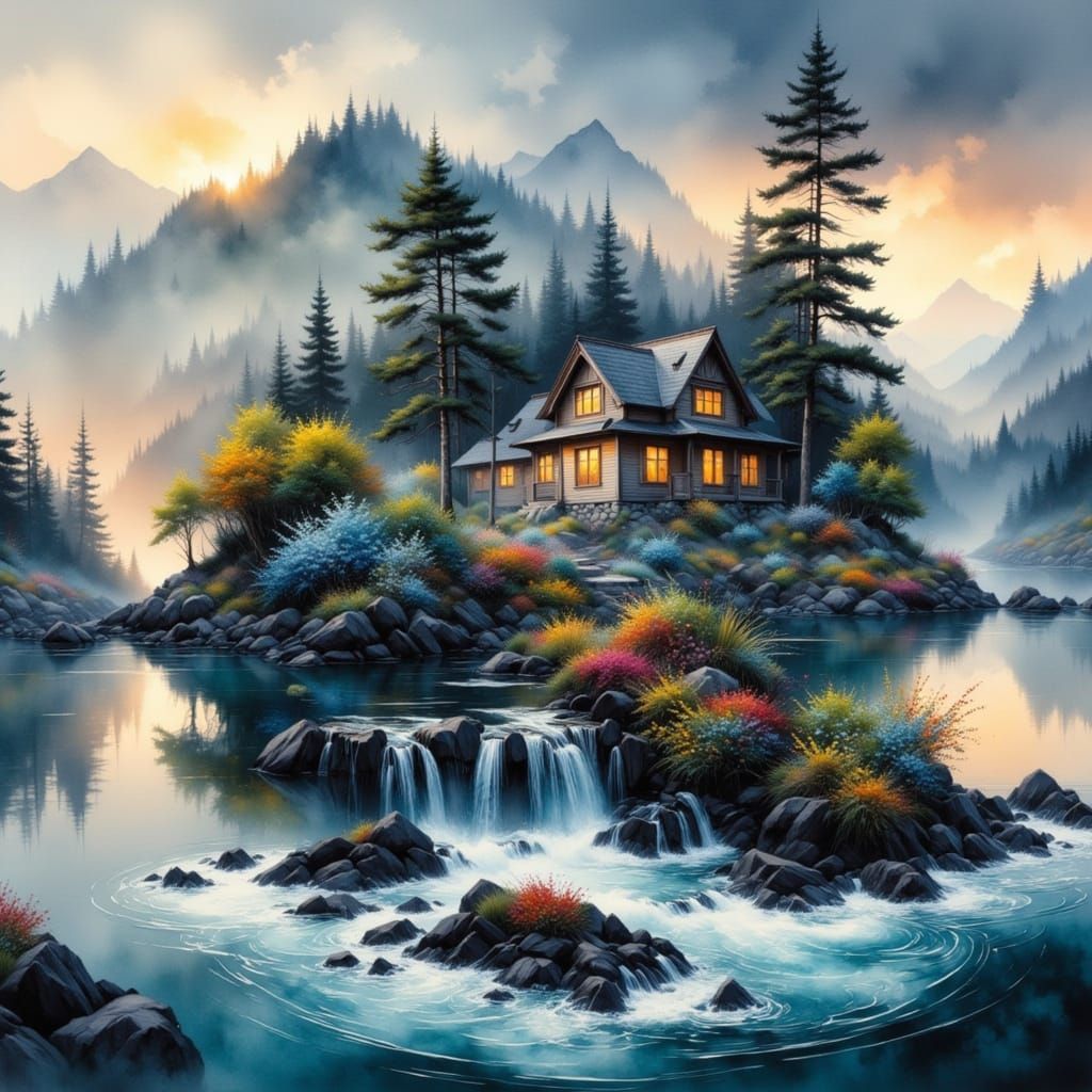 Mysterious Black Island Landscape in a Realistic Oil Paintin...