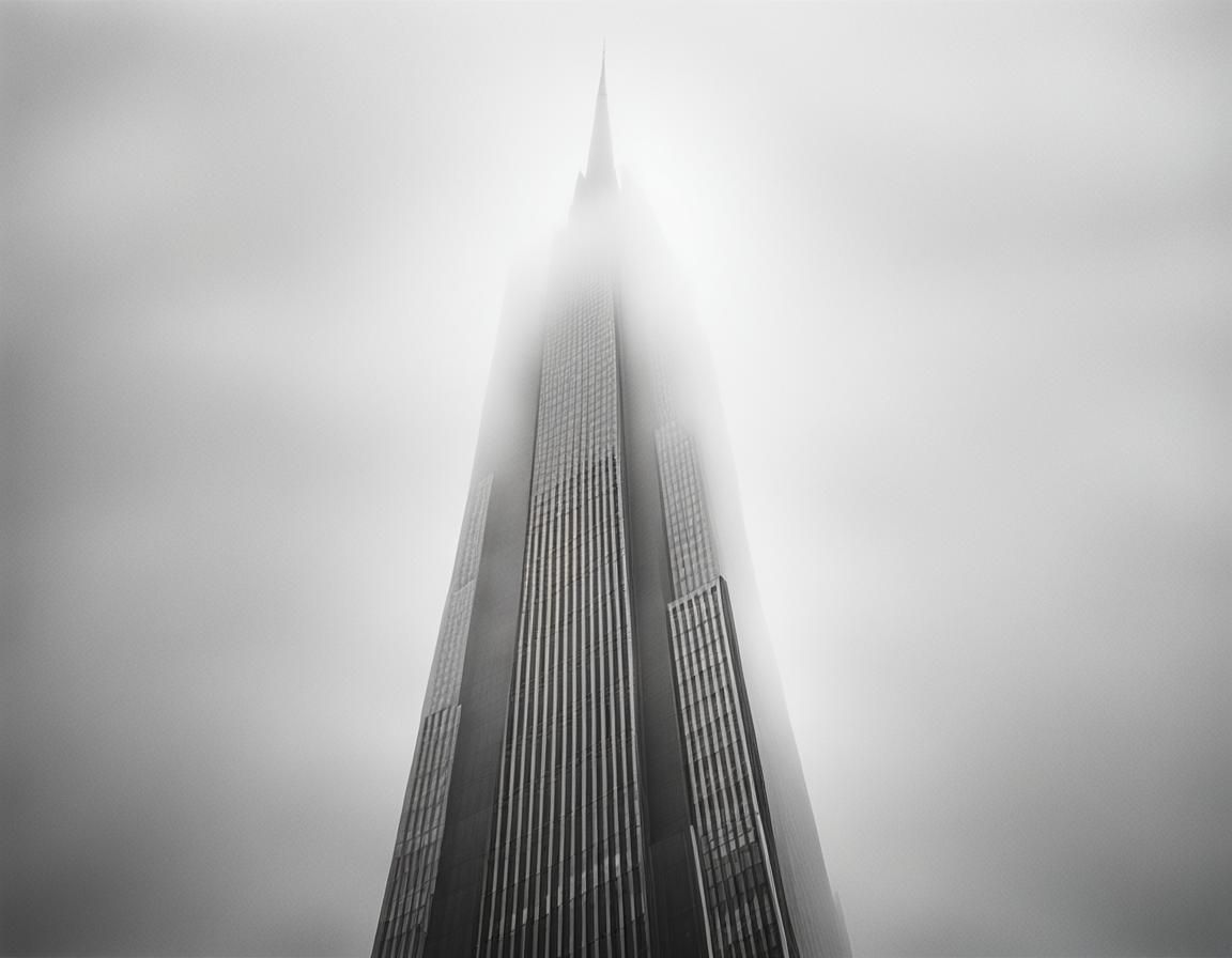Skyscraper Spire Emerges from Fog: Vintage Black and White